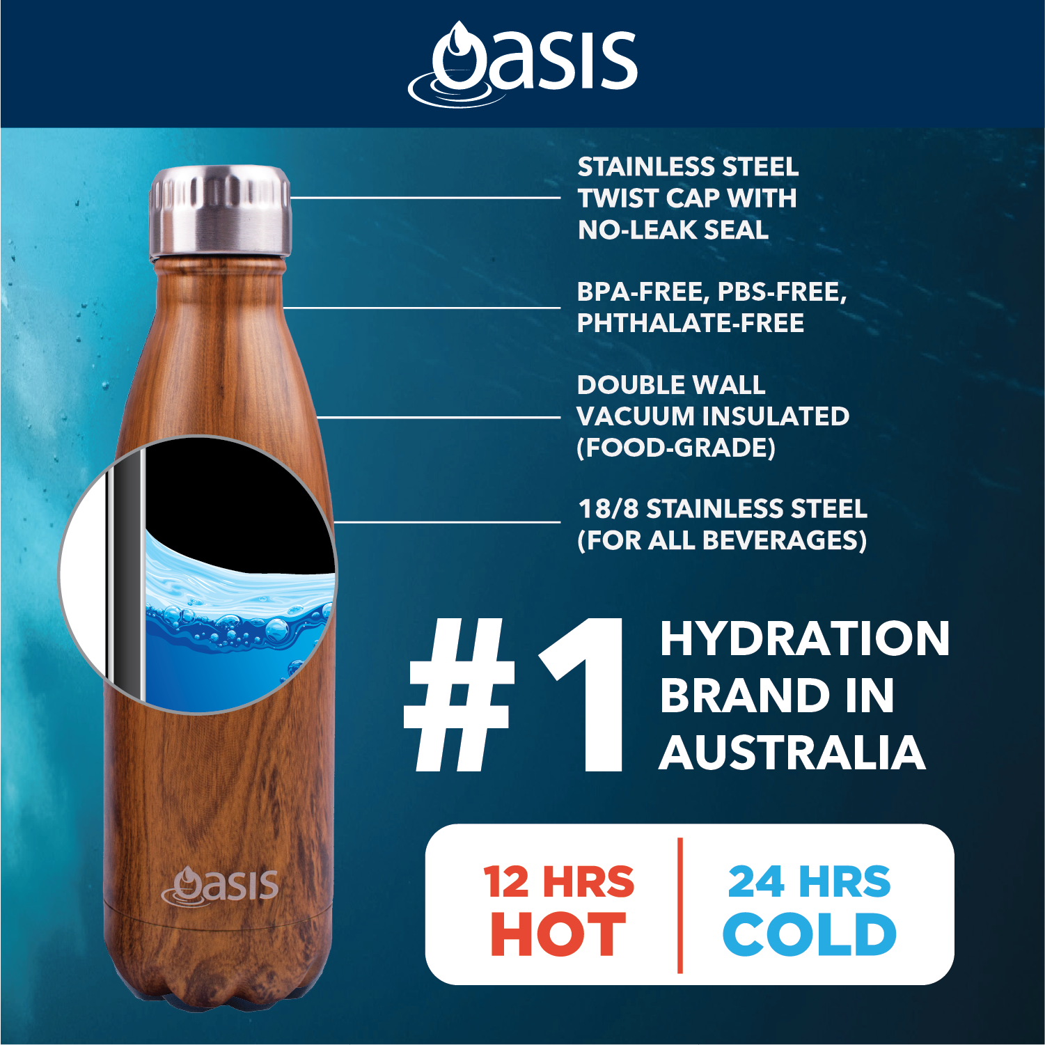 Oasis Stainless Steel Insulated Water Bottle 750ML (Printed)