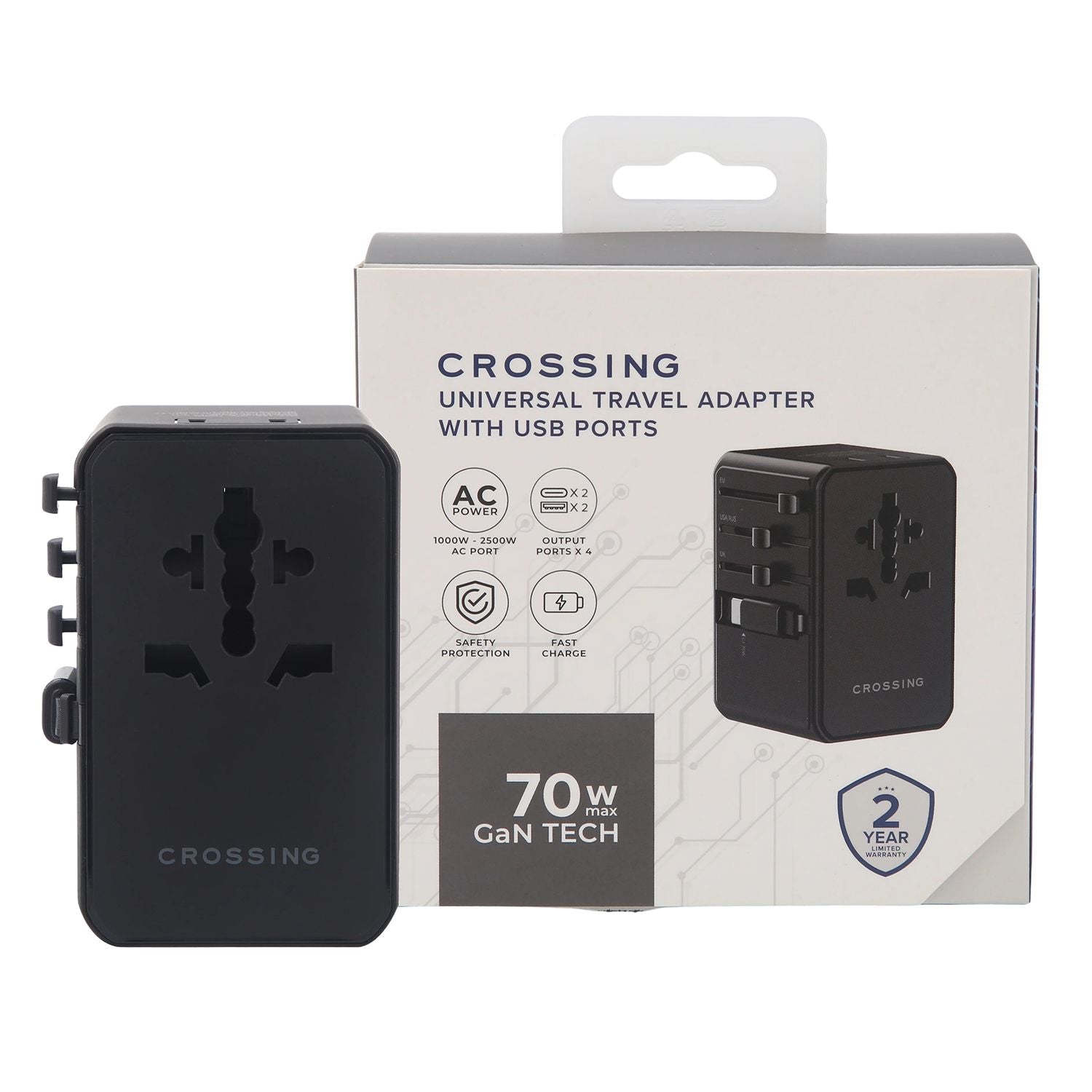Crossing World Travel Adaptor 70W Pro With 2 X USB-A + 2 X USB-C With Built-In Type C Cable