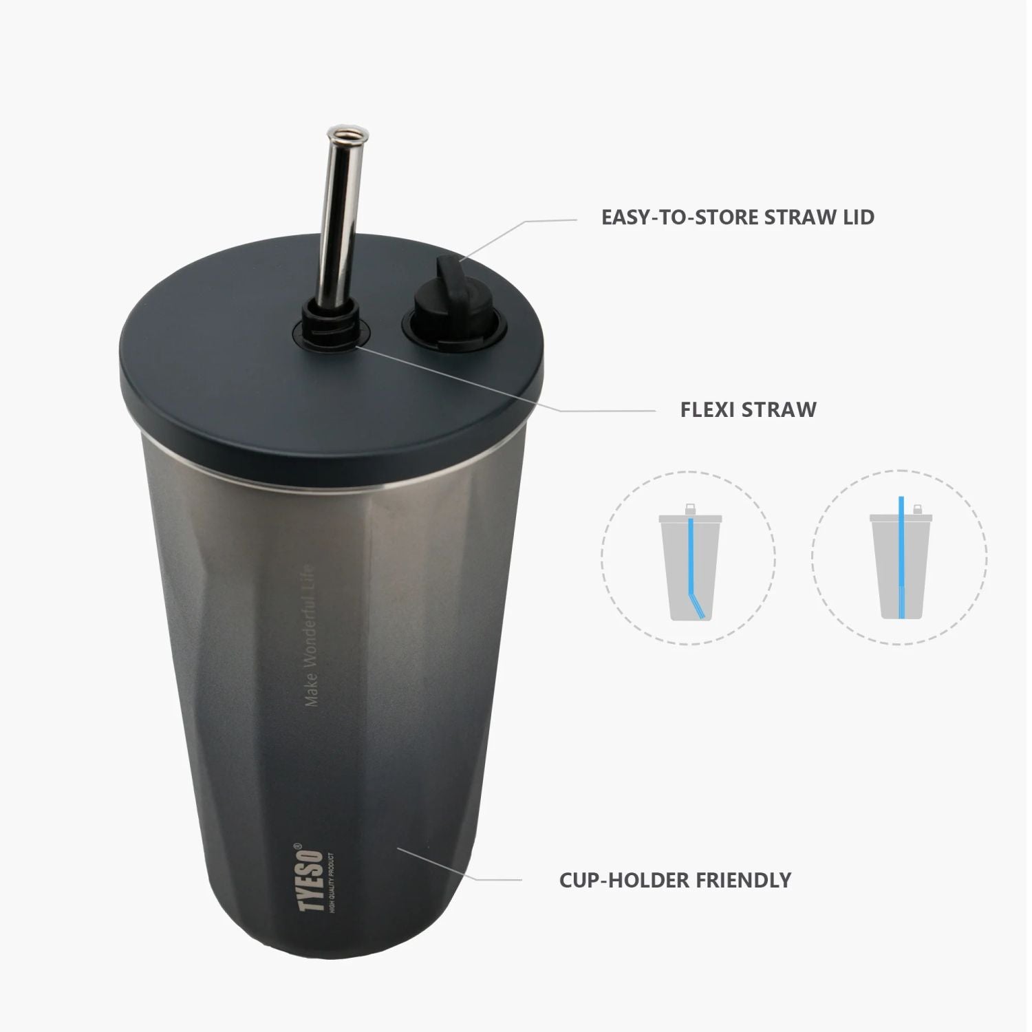 Tyeso Flaire Retractable Straw S/S Vacuum Insulated Tumbler 600ml