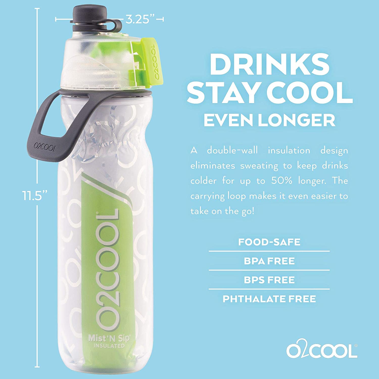 O2COOL Arctic Squeeze Mist 'N Sip Insulated Water Bottle 20oz