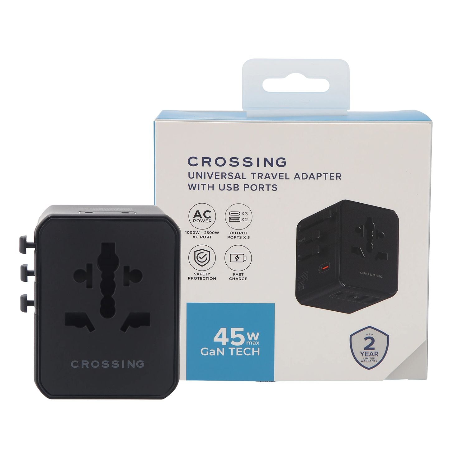 Crossing World Travel Adaptor 45W V2 With  3 USB-C + 2 USB-A